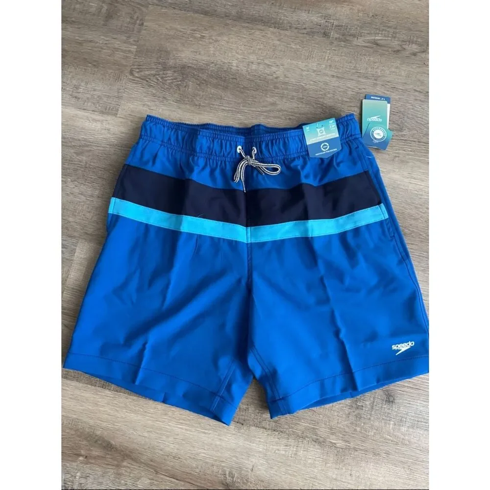 Speedo Men’s Royal Blue Navy and Aqua Stripe Swim Trunks